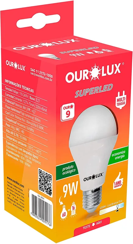 LAMPADA SUPERLED 9W BIVOLT 6500K OUROLUX